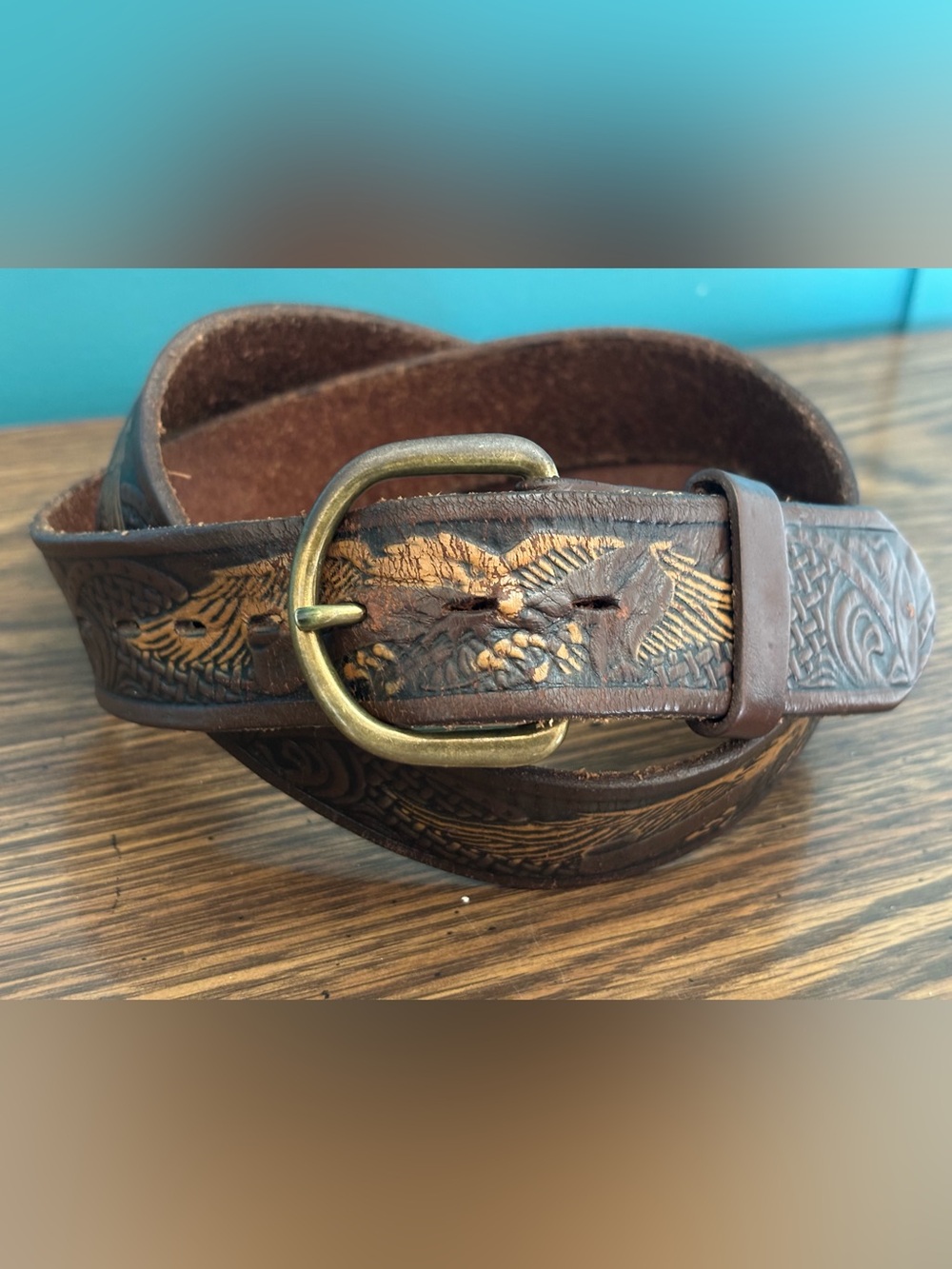Brown Embossed Leather Men's Belt with Brass-Tone Buckle Patriotic
